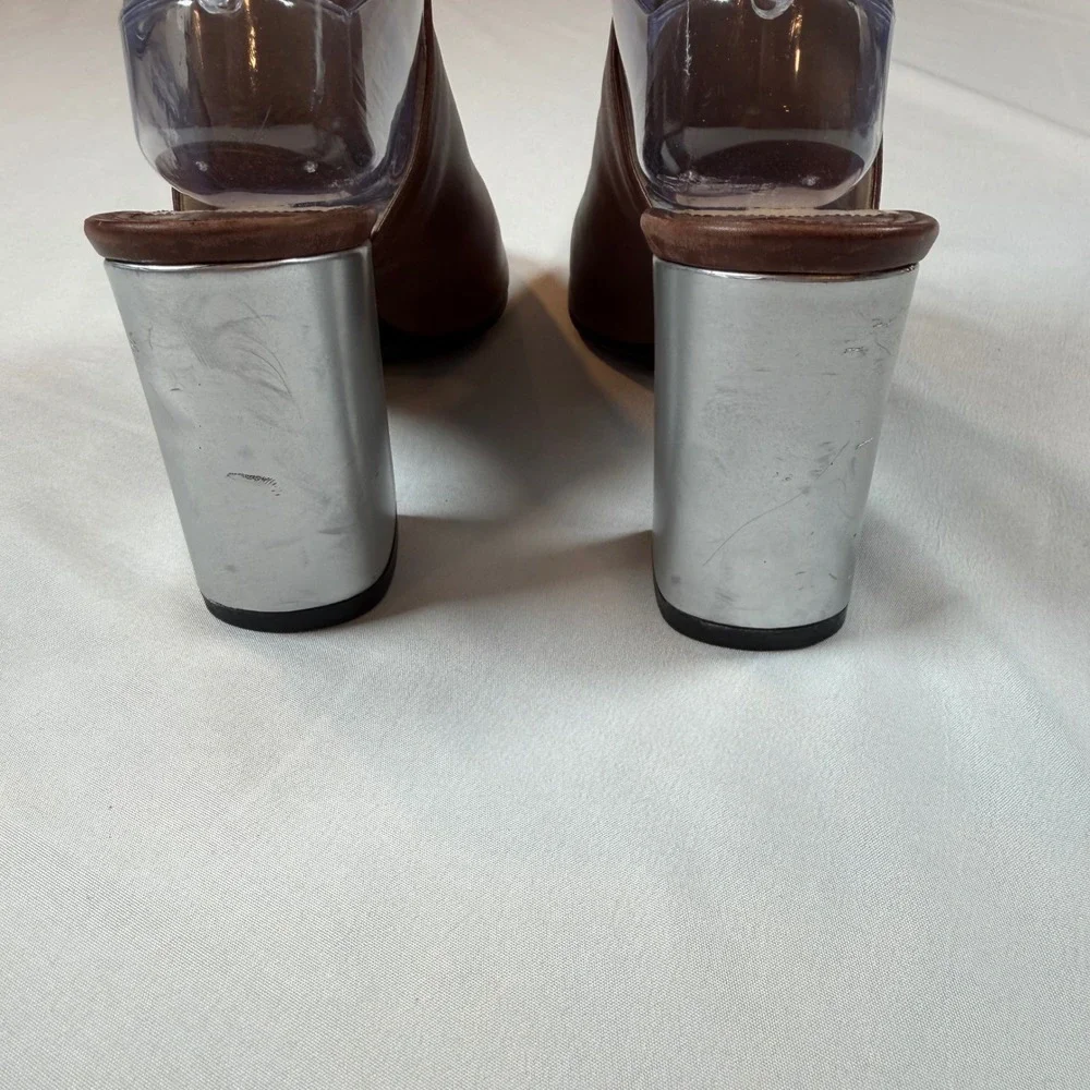 Prada Brown Leather Peep Toe Cutout Ankle Boots Silver Mirrored Block Heel Sz 38